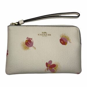 Coach Floral Print Corner Zip Wristlet In Ivory Leather With Pink Flowers